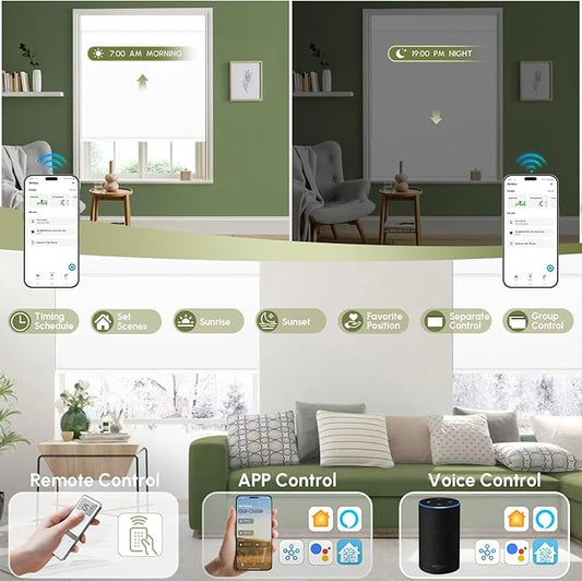 FineTell Motorized Blinds with Remote, 100% Blackout Roller Shades Compatible with Alexa,Apple Homekit,Google Home APP and Voice Control, Customized Electric Blinds (100% Blackout Vinyl White)