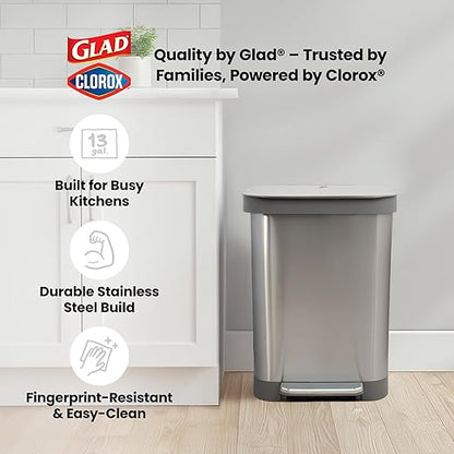 Glad Stainless Steel Step Trash Can, Series 2 with Clorox Protection - Large Metal Kitchen Garbage Bin with Soft Close Lid, Foot Pedal and Waste Bag Roll Holder, 13 Gallon