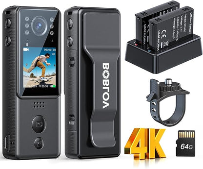 BOBLOV 4K Mini Body Camera with Video and Audio 64G, 2X 1400mAh Batteries& Charging Dock, A29 Body Wearable Camera with Night Vision & Bike Mount for Security, Vlogging, Pet, Cycling, Daily Recording
