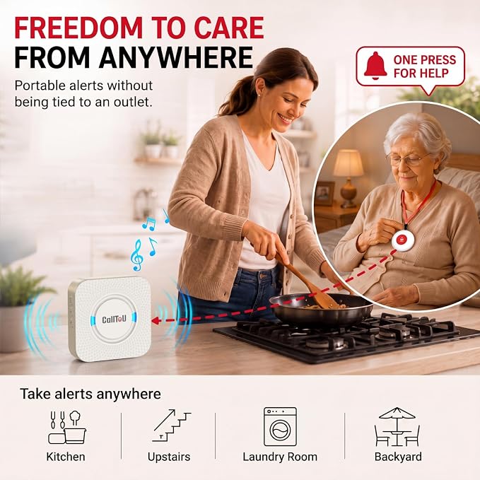 CallToU Wireless Caregiver Pager 2 Call Buttons+2 Battery-Powered Receivers | Easy Setup, Loud Whole-Home Alerts, Peace of Mind, Waterproof Call Button for Elderly, Seniors, Patients and Home Caregivers