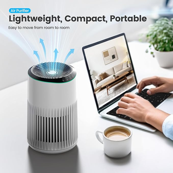 Air Purifiers for Home, 25dB Quiet with Sleep Mode, Fragrance Sponge, Blue Ambient Light for Smoke, Dander & Odors, Covers up to 250 ft, High Torque Motor Ideal for Bedroom Office, White