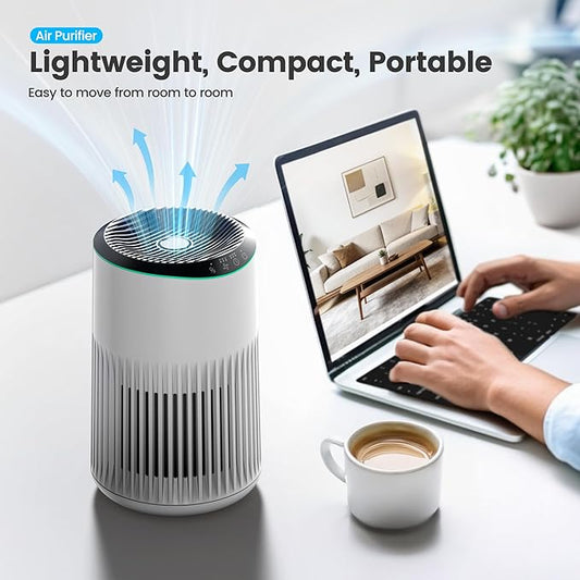 Air Purifiers for Home bedroom, 22dB Quiet with Sleep Mode, Fragrance Sponge, Blue Ambient Light for Smoke, Dander & Odors, Covers up to 300 ft, High Torque Motor Ideal for Bedroom Office, White