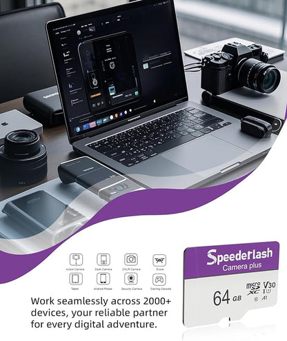 Micro SDXC Memory Card 64GB Pack, Speederlash Camera Plus TF Card with Adapter, 90MB/s Read Speed, 4K UHD&5K Video Support, U1 V30 A1 Rated, for Security Camera, Smartphone, Drone, Tablet, PC