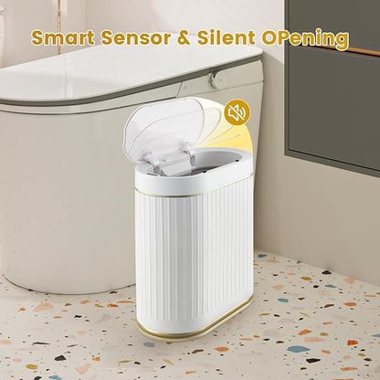 ELPHECO Bathroom Trash Can 2 Gallon Plastic Smart Garbage Can Waterproof 7.5L Wastebasket Bathroom Decor Narrow Garbage Bin with Automatic lid for Bedroom, Kitchen, Office, White Gold