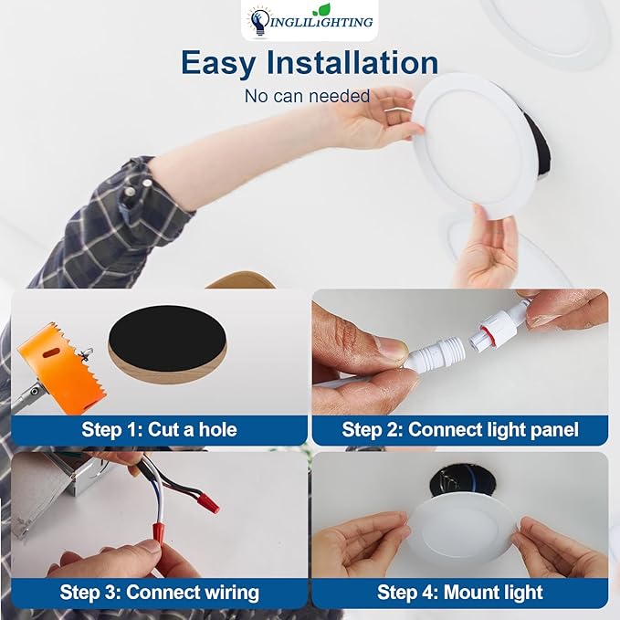 DLLT LED Recessed Ceiling Light: 6 Pack 6 Inch Slim Recessed Lighting for Kitchen - 5CCT Dimmable Canless Wafer Downlight for Living Room - 1200LM Brightness 12W Can Lights for Bedroom ETL FCC