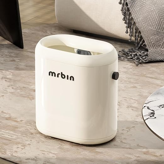 MRBIN Small Bathroom Trash Can with Lid, Automatic Adsorption Open Top 3.2 Gal Touchless Motion Sensor Waste Basket, Slim Decor Garbage Bin for Bedroom, Office, Cream White