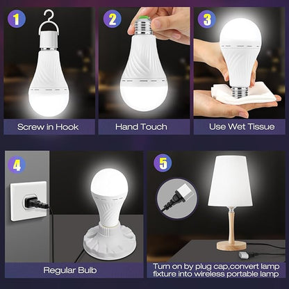 Emergency-Rechargeable-Light-Bulb, Stay Lights Up When Power Failure, 1500mAh 12W 60W Equivalent LED Light Bulbs for Home, Camping, Hiking (E27, with Hook,with Plug Cap) 6 Pack