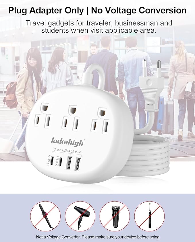 European Travel Plug Adapter, European Extension Cord 3FT