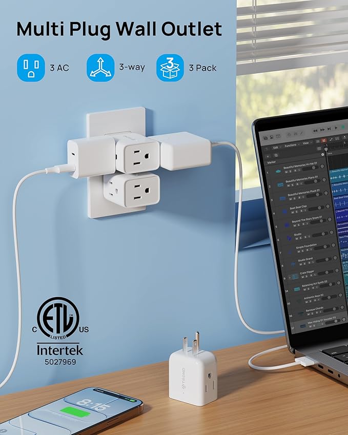 TROND Multi Plug Wall Outlet Extender - 3 Pack Multiple Plug Extension Outlet Splitter Adapter, ETL Listed Horizontal 3 Way Grounded Socket, for Home Office Dorm Cruise Ship Travel Essentials, White