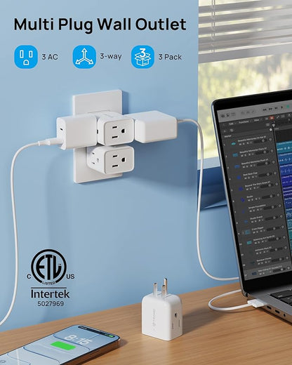 TROND Multi Plug Wall Outlet Extender - 3 Pack Multiple Plug Extension Outlet Splitter Adapter, ETL Listed Horizontal 3 Way Grounded Socket, for Home Office Dorm Cruise Ship Travel Essentials, White