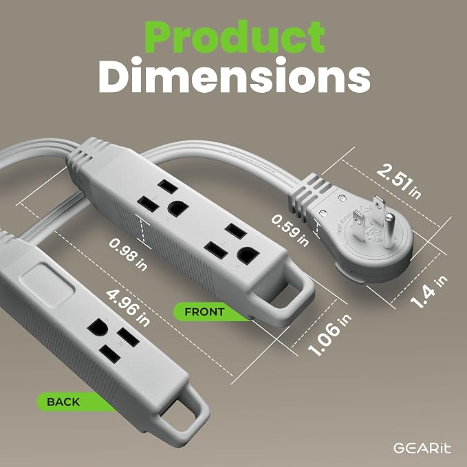 GEARit 15 ft 360° Rotating Flat Plug Extension Cord, 3 Outlet Low Profile Power Cord, 16 AWG 13A 3 Prong Grounded Indoor Cord, ETL Listed, Space-Saving for Furniture, Grey