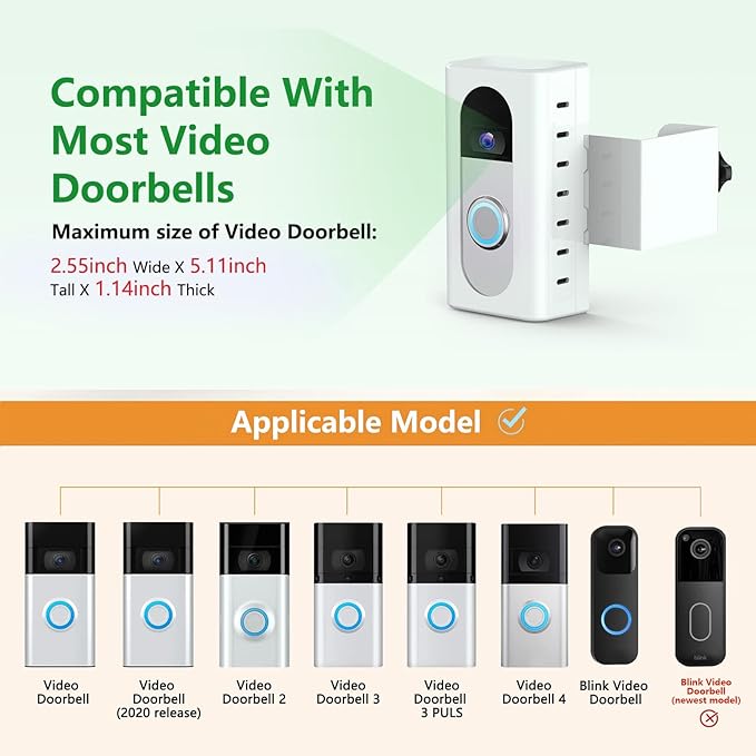 QIBOX Anti-Theft Video Doorbell Mount Compatible with Ring/Blink Video Doorbell 4/3/3 Plus/2/1/(2020 Release), Adjustable No-Drill Mounting Bracket Adapter Holder Accessories for Home Rentals, White