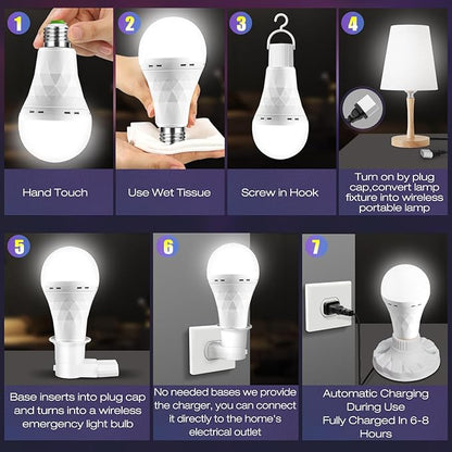 Emergency Rechargeable Light Bulbs, Stay Lights Up When Power Failure, 1500mAh 12W 60W Equivalent LED Light Bulbs for Home, Camping, Hiking ((with Hook,with Plug Cap,with socket adapter) 6 Pack