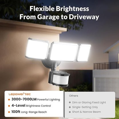LEPOWER-TEC Zero Blind Spots Outdoor Security Light with 240° & 100ft Dual PIR Motion Sensor, 7000LM Adjustable Flood Light Brightness for Garage Driveway, Dusk to Dawn, IP65, Easy Hardwired Install