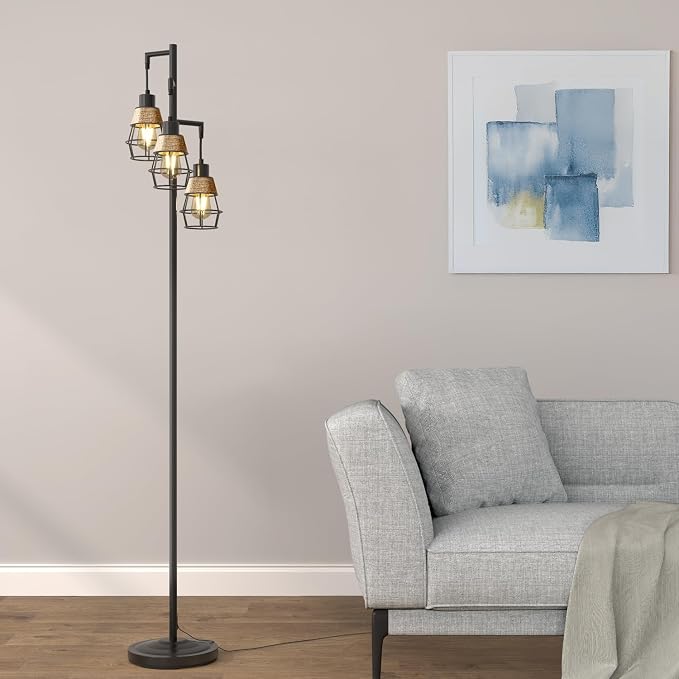 Oneach 70" Floor Lamps for Living Room, Stepless Dimmable Boho Floor Lamp with 3 Bulbs, Tall Farmhouse Industrial Corner Standing Tree Lamp for Bedroom, Office, Study Room, Dining Room, Black