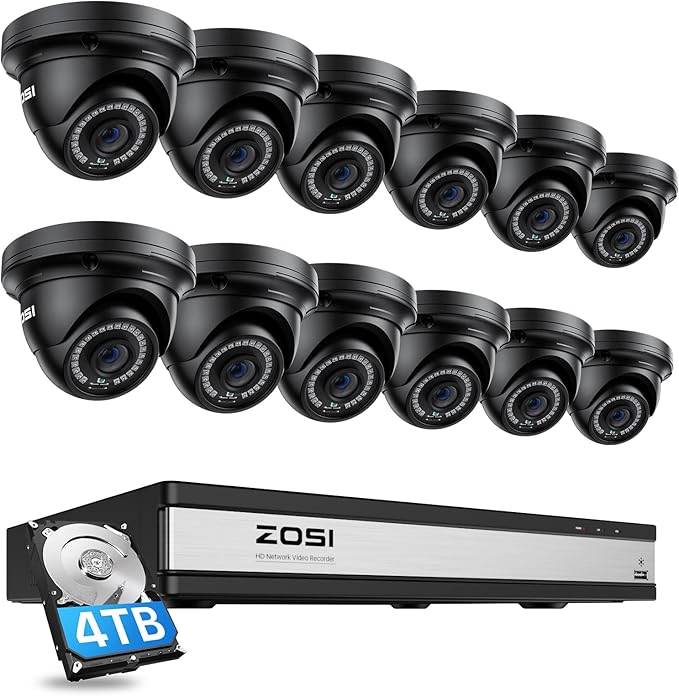 ZOSI H.265+ 4K 16CH PoE Security Camera System, 12 X Wired 5MP (3K) Dome PoE IP Cameras Outdoor Indoor, 16CH NVR with 4TB HDD for 24/7 Recording, 80ft Night Vision, Motion Detection, Remote Access