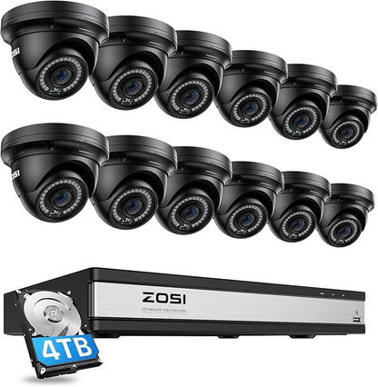 ZOSI H.265+ 4K 16CH PoE Security Camera System, 12 X Wired 5MP (3K) Dome PoE IP Cameras Outdoor Indoor, 16CH NVR with 4TB HDD for 24/7 Recording, 80ft Night Vision, Motion Detection, Remote Access