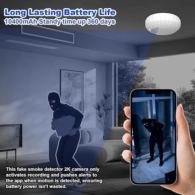 WiFi Fake Smoke Detector Camera PTZ Left/Right Rotation 350 Degrees 2K Security Cam Motion Detection Hidden HD Night Vision Spy, Indoor Camera for Home/Office, 2.4G/5G WiFi