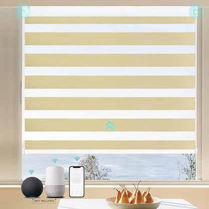 MING CHEN Motorized Blinds with Remote,Built-in Rechargeable Smart Blinds, Custom Size Electric Zebra Blinds Compatible with Alexa Google (90% Blackout Fine Lines Champagne)