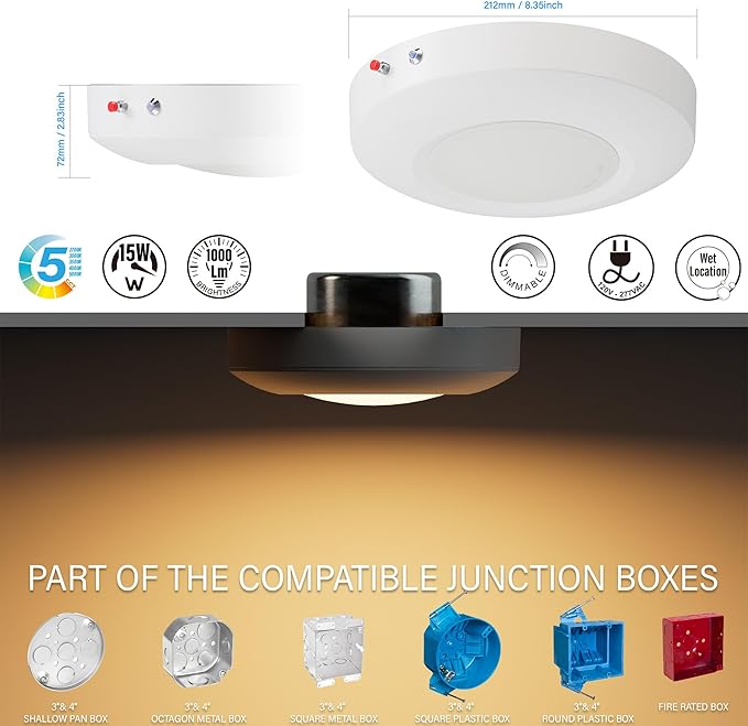 6 Inch LED Emergency Disk Light Kit with Battery Backup, Ceiling Mount Emergency Lights, Dimmable, 120-277V, 15W, 1000lm, CRI90, 5CCT Selectable, ETL & Wet Rated, White, 1 Pack