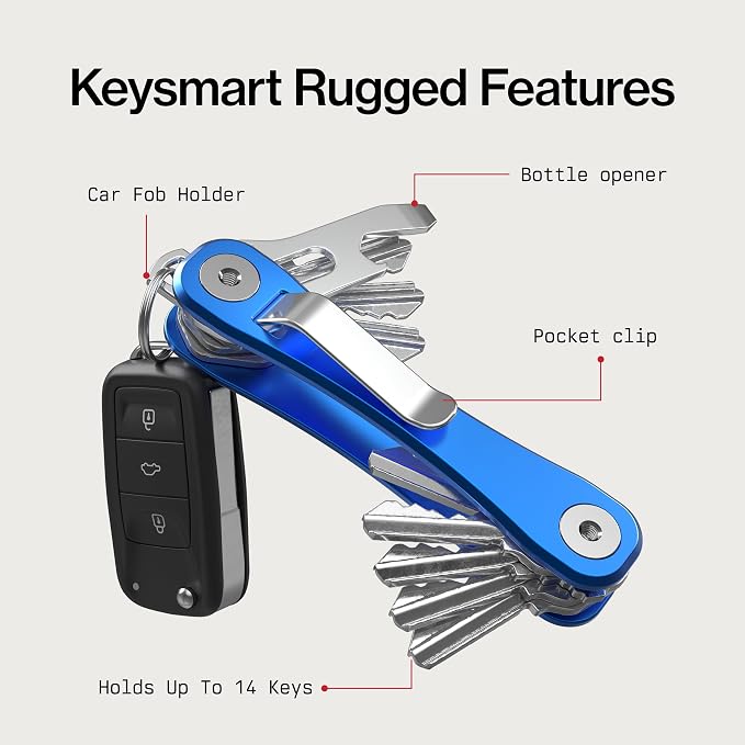 KeySmart Rugged Keychain Multitool Key Holder, Up to 14 Keys | Key Organizer for EDC. Expandable, Durable Build, Reduces Key Chain Bulk & Jingle, Pocket Clip & Bottle Opener Included
