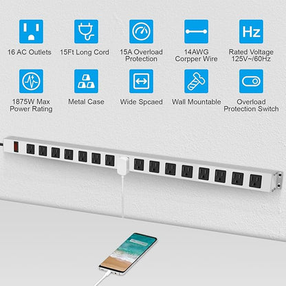 JUNNUJ Metal 16 Outlet Power Strip, Mountable Heavy Duty Power Strip, 1200J Surge Protector Wall Mount Screws Outlet with Switch, Gaming Desk Strips Wide Spaced 15A 125V 1875W, 15 FT 14AWG Power Cord