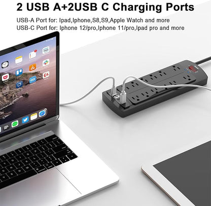 20 Ft Extension Cord Power Strip, Teiobar Surge Protector with 12 AC Outlets and 4 USB Ports for Home, Office, Dorm Essentials, 1875W/15A, 2700 Joules, ETL Listed, Black