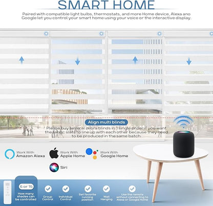 Motorized Zebra Blinds Dual Layer Window Shades Remote Roller Blinds with Alexa Google and Homekit Electric Horizontal Window Blindsfor Home Office Customized Size(60% Light Filtering - White)