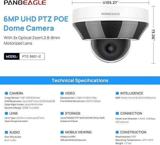 6MP Mini PTZ Dome PoE IP Camera Outdoor with 3X Optical Zoom, 2.8-8mm Motorized Varifocal Lens, Built-in Mic, Human/Vehicle Detection,PTZ IP Camera Compatible with Uniview, Blue Iris, NDAA Compliant