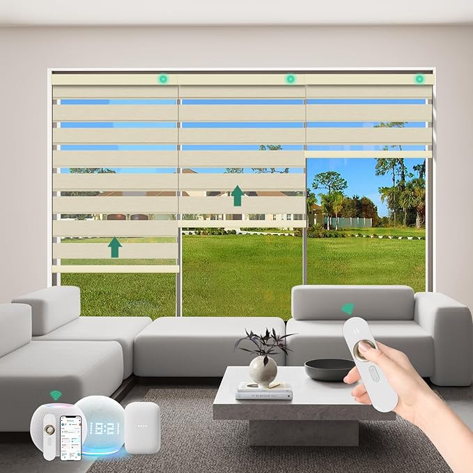 Motorized Zebra Blinds with Remote [Dual Layer + Light Filtering] 90% Blackout Smart Shades for Indoor Windows, Alexa Google and HomeKit Compatible, Customized Size, Shadow Veil