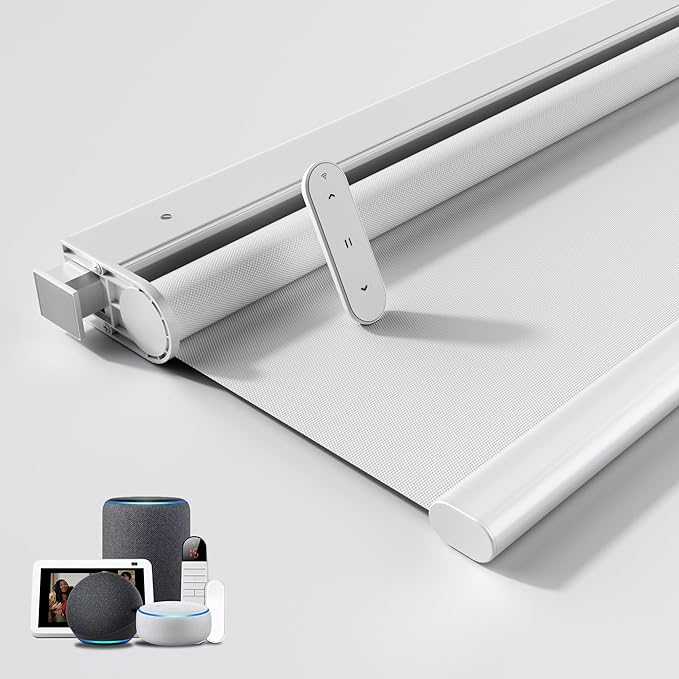 Grandekor No Drill Motorized Blinds with Remote 100% Blackout, Automatic Smart Roller Shade Cordless,White 30x72 Compatible with Alexa, Type-C Charging