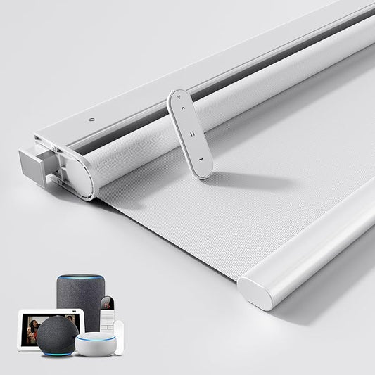 Grandekor No Drill Motorized Blinds with Remote 100% Blackout, Automatic Smart Roller Shade Cordless,White 30x72 Compatible with Alexa, Type-C Charging