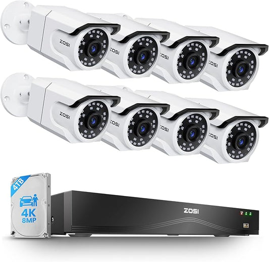 ZOSI 16CH 4K PoE Security Camera System, 8pcs 8MP Outdoors Cameras with Audio, People Counting, Person/Vehicle Detection, Night Vision, 16 Port 32CH NVR with 4TB HDD for Home Business 24/7 Recording