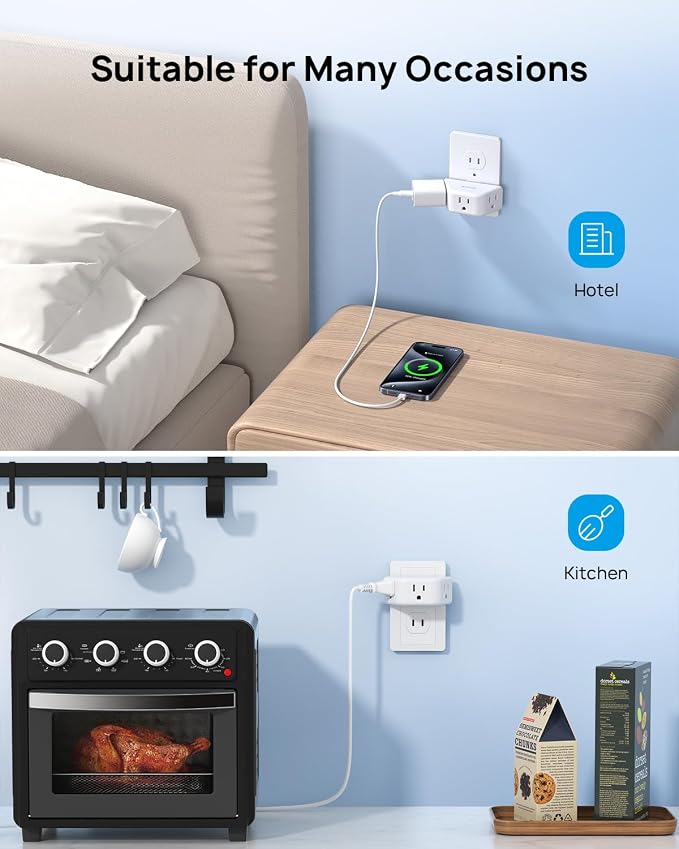 TROND 2 Prong to 3 Prong Outlet Adapter for Old House | 3-Way Angled Plug Extender with 3 AC Sockets, Plug Splitter for Non-Grounded Socket in Home Hotel, Cruise Essentials, White
