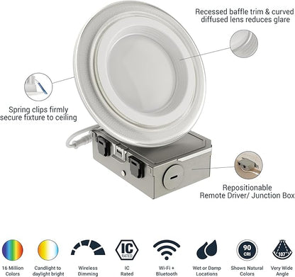 HALO 4" Dual Zone Smart Wi-Fi® Canless LED Light Powered by WiZ Pro 4-Pack, Dimmable Full Color w/SpaceSense, Smart Home Ready RLWZDZC4-4PK
