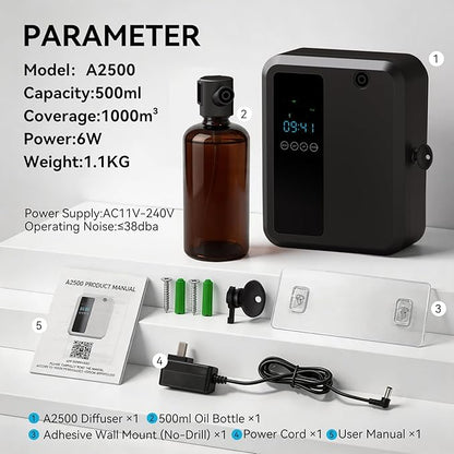 Waterless Essential Oil Diffuser 500ml, Bluetooth APP Control Cold Air Scent Machine, Wall Mounted Large Room Diffuser, 2000 sq ft Coverage, Black