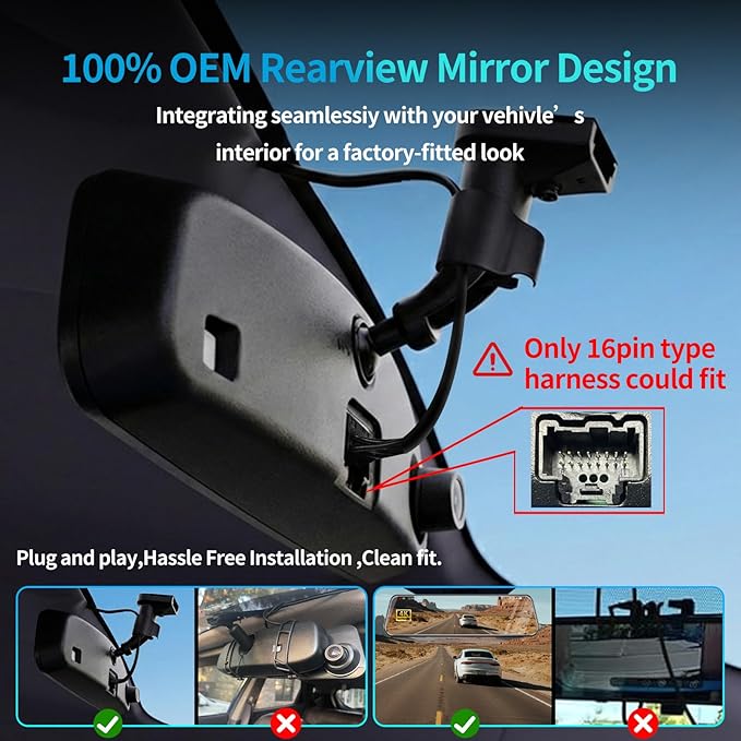KCV 4K Mirror Dash Cam for Ford Bronco (Non-Sport Model) 2021–2025, Front 4K + Rear 1080P Camera, Integrated Replacement OEM Look, Plug & Play, Includes Free 64GB Card