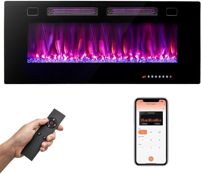 COSTWAY Ultra-Thin Smart WiFi Electric Fireplace 42-inch Wide, Compatible with Alexa & Google Assistant, 750W/1500W Fireplace Heater with 12 Flame and Flame Bed Colors, Remote/APP Control, Black