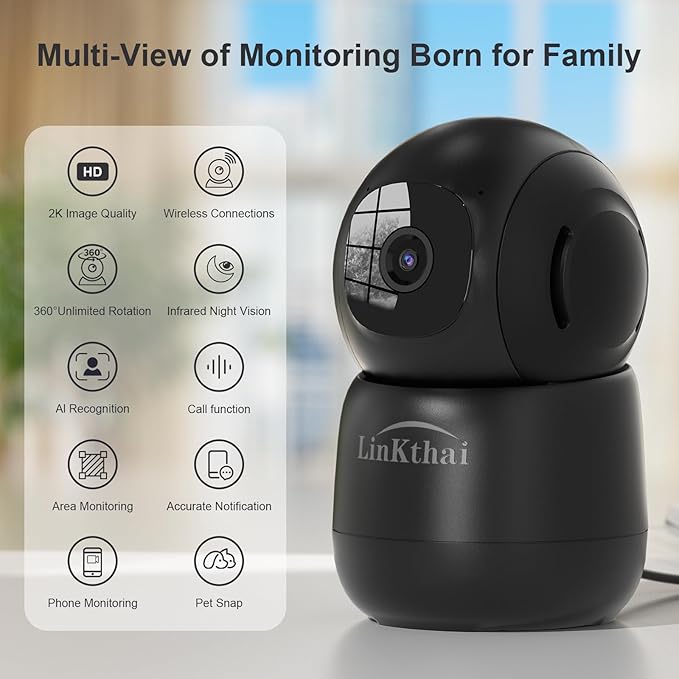 Indoor Camera, 2K Cameras for Home Security with App Motion Detection Auto Tracking Alarm Live Notice Schedule Default Location, Pet Camera with Night Vision, 2.4 GHz, Black