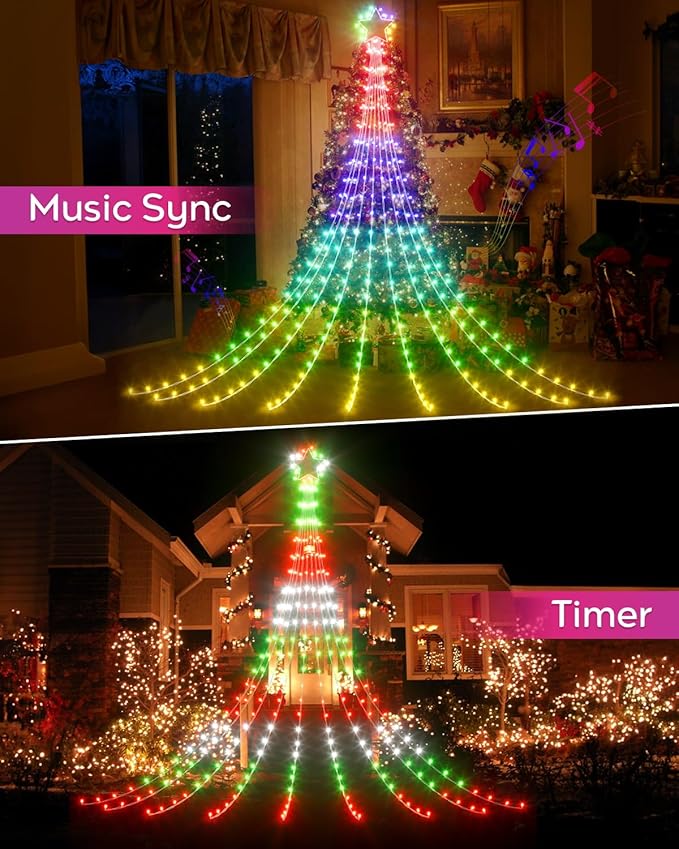 Smart Outdoor Christmas Waterfall Star String Lights, 12FT Dynamic RGB Led Tree Lights DIY Color Changing App Remote Control Unique Yard Lights for Outside Roof Home Xmas Holiday Decorations