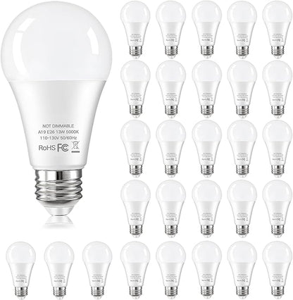 24-Pack A19 LED Light Bulbs Equivalent 100W, 13W 5000K Daylight White LED Bulbs Super Bright 1500 Lumens, E26 Base Bulb for Home, Bedroom, Office Lamp, Non-Dimmable