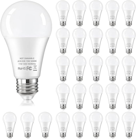 24-Pack A19 LED Light Bulbs Equivalent 100W, 13W 5000K Daylight White LED Bulbs Super Bright 1500 Lumens, E26 Base Bulb for Home, Bedroom, Office Lamp, Non-Dimmable