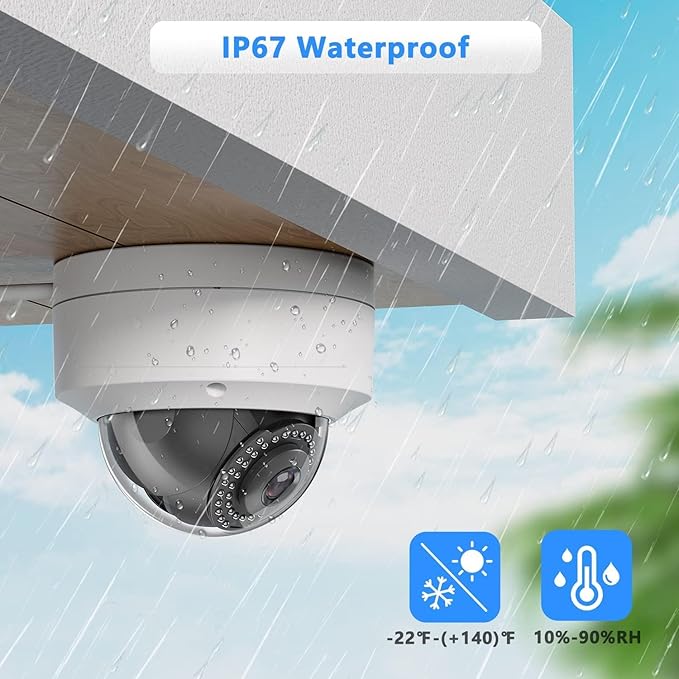 Real HD 4K 8MP PoE IP Vandal Dome PoE IP Camera Outdoor, 2.8mm Wide Angle 105° Fov, 98Ft Night Vision, H.265, Waterproof IP67, NDAA Compliant