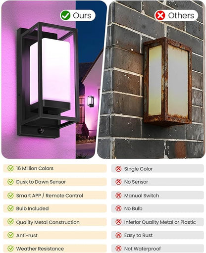 RAYVO Smart Outdoor Wall Light, RGB Color Changing Sconce with App & Voice Control, Dusk to Dawn Outdoor Lighting, Adjustable 2700K–6500K, Waterproof Exterior Light Fixture for House Porch Garage