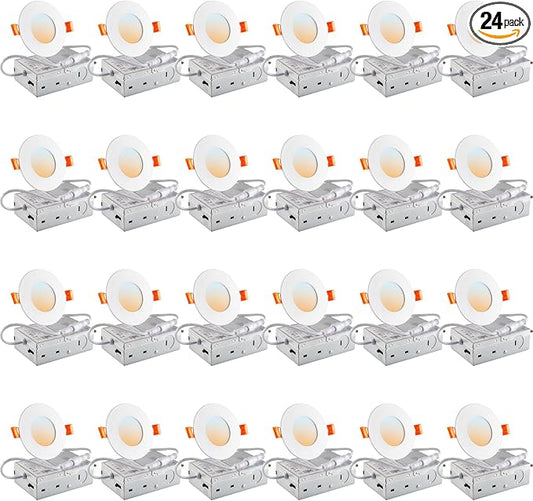 DLLT LED Recessed Ceiling Light: 24 Pack 3 Inch Slim Recessed Lighting for Kitchen - 5CCT Dimmable Canless Wafer Downlight for Living Room - 600LM Brightness 6W LED Can Lights for Bedroom ETL FCC