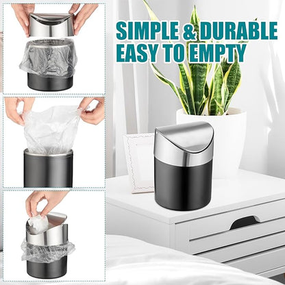 2 Pcs Desk Trash Can with Swing Lids, 12 Rolls of Trash Bags, 2L Brushed Stainless Steel Countertop Garbage Bin Small Wastebasket with Lid for Office Desk, Coffee Table(Matte Black)