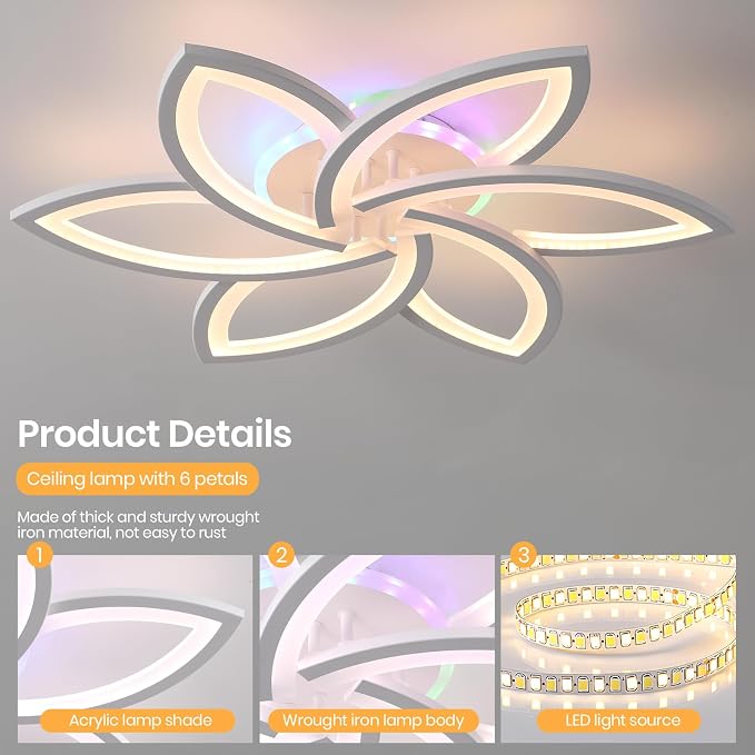 LED Ceiling Light,50W Flower Flush Mount Light RGB Backlight | Dimmable Ceiling Light with Remote,3000K-6000K Adjustable Lighting,Independent RGB Control for Bedroom Living Room