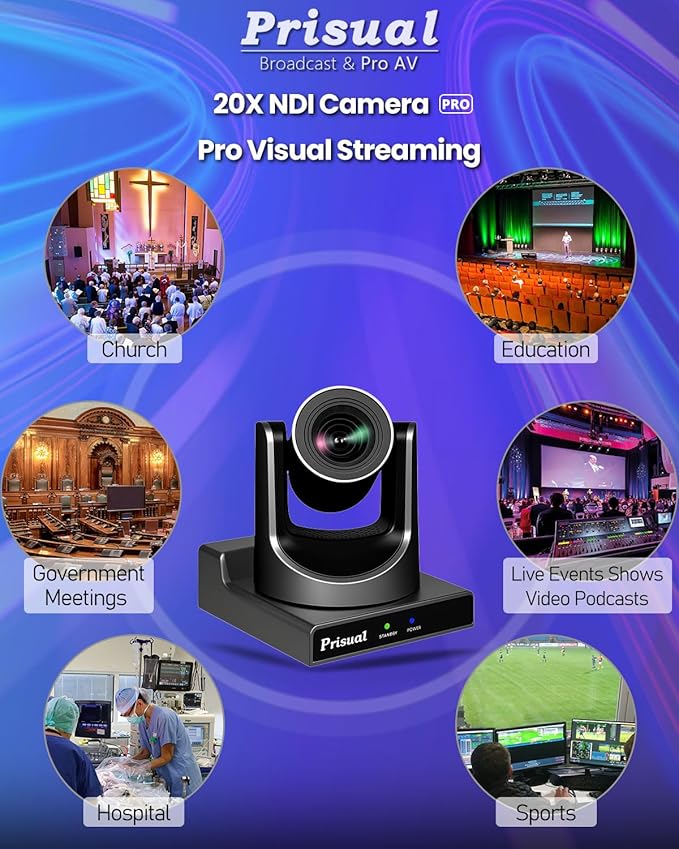 Prisual NDI PTZ Camera Gen 5, AI Auto Tracking, 20X Optical Zoom, 3G-SDI USB LAN PoE HDMI PTZ Camera for Church Worship Education Events (NDI 6 & NDI HX3 Certified) TEM-20N PRO