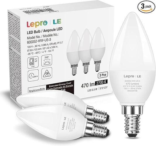 Lepro E12 LED Candelabra Light Bulbs, 5.5 watt, 40 watt Equivalent C37 B11 Ceiling Fan Bulb Chandelier Bulbs, 2700 Kelvin Warm White Type B Small Base Candle Lights, Frosted Plastic Shell, 3-Pack