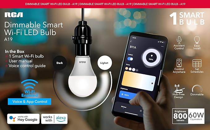RCA Smart Light Bulbs, WiFi LED Light Bulb, Dimmable LED Lights, Dimmable 800 Lumens 10W (60W EQ A19), Compatible with Alexa and Google, Control from Anywhere with Smartphone, 2700K Soft White, 2-PK